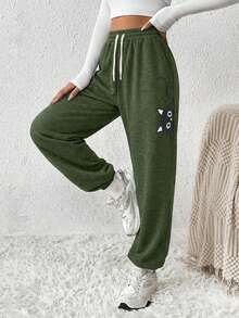 EURMUSE Pantalones de chándal holgados con estampado de gato de dibujos animados para mujer de talla grande - Verde militar - Ver 4