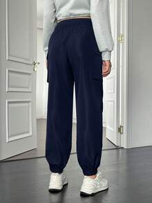 SHEIN 孕妇休闲纯色抽绳腰带束脚裤 - 寶藍色 - 查看 2