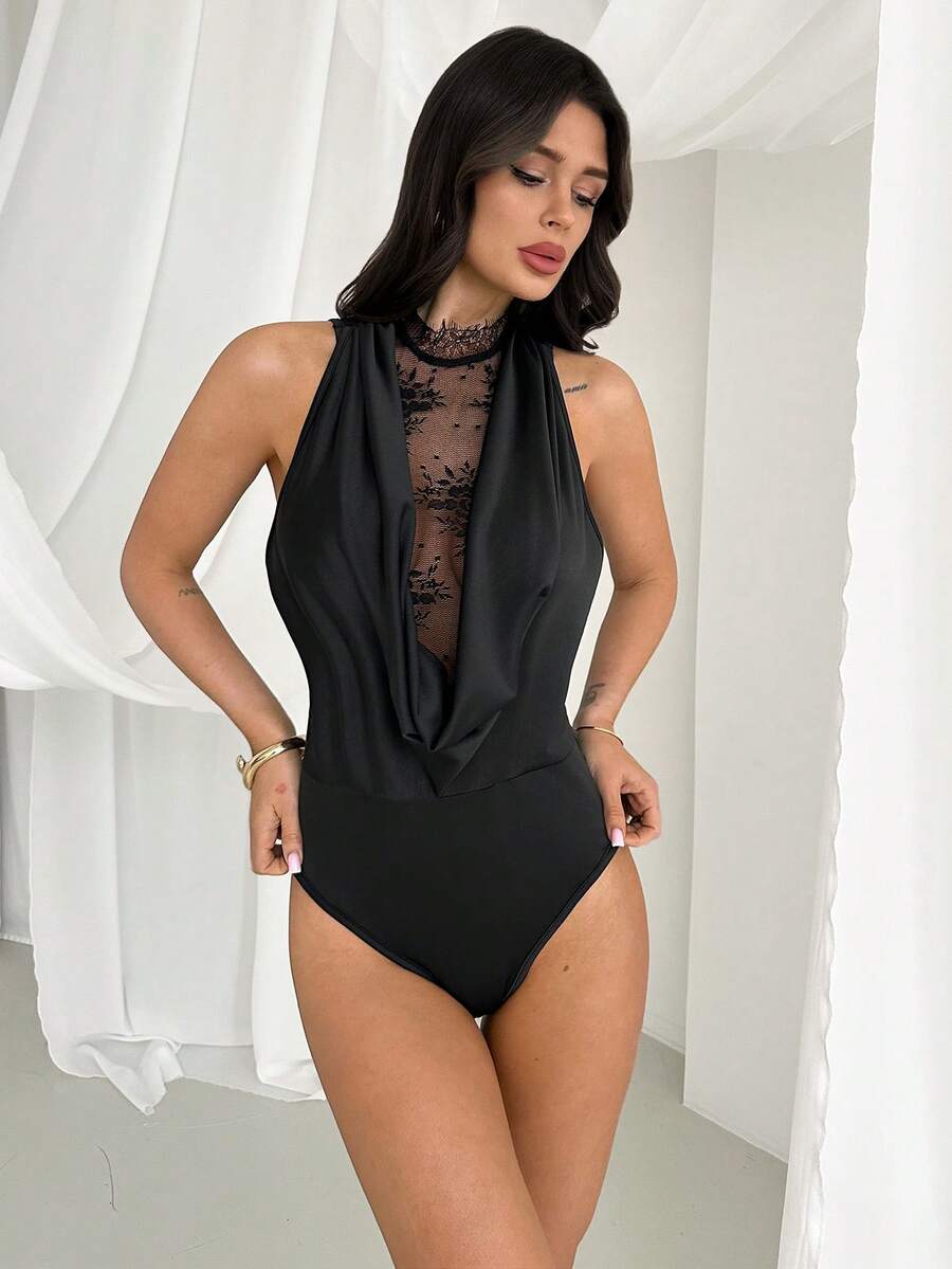 Firerie Women's Elegant Sexy Minimalist Romantic Daily Versatile Music Festival Party Date Vacation Beach Plunging Neck Lace Sheer Splice Sleeveless Bodysuit, Black - Black - View 1