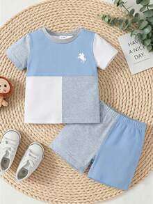 SHEIN Playful Pals 男婴休闲Logo撞色印花圆领短袖T恤和短裤套装（2件套），适合夏季户外穿着 - 彩色 - 查看 5