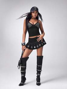 Y2Kool 女士印花露背性感吊带衫 - 黑色 - 查看 6