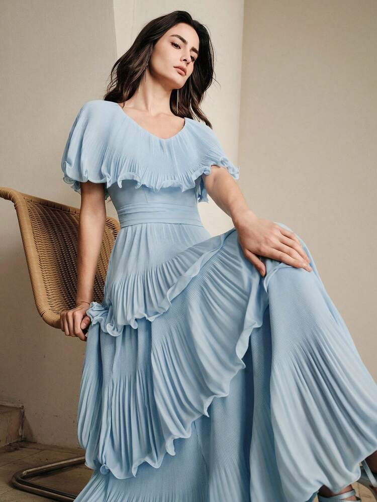 Elegant V-Neck Cinched Waist Batwing Sleeve A-Line Pleated Long Dress For Women Ruffle Dresses For Women Dusty Blue Elegant Dress Pleated Dresses For Women