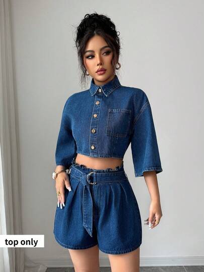 Elenzga Women's Casual Washed Front Button Cropped Denim Blouse