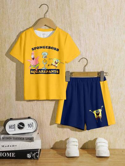 SpongeBob SquarePants | SHEIN 男童休闲字母卡通印花短袖T恤和短裤套装（2件套）