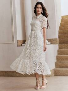 Anewsta Đầm nữ tay ngắn cổ bẻ đính đá lấp lánh, thiết kế dây xích, chất liệu voan mỏng, in hoa, thích hợp cho mùa xuân, hè, các dịp trang trọng, Lễ tình nhân, lễ hội, tiệc tùng, đính sequin, đám cưới. - Trắng ngà - Xem 4