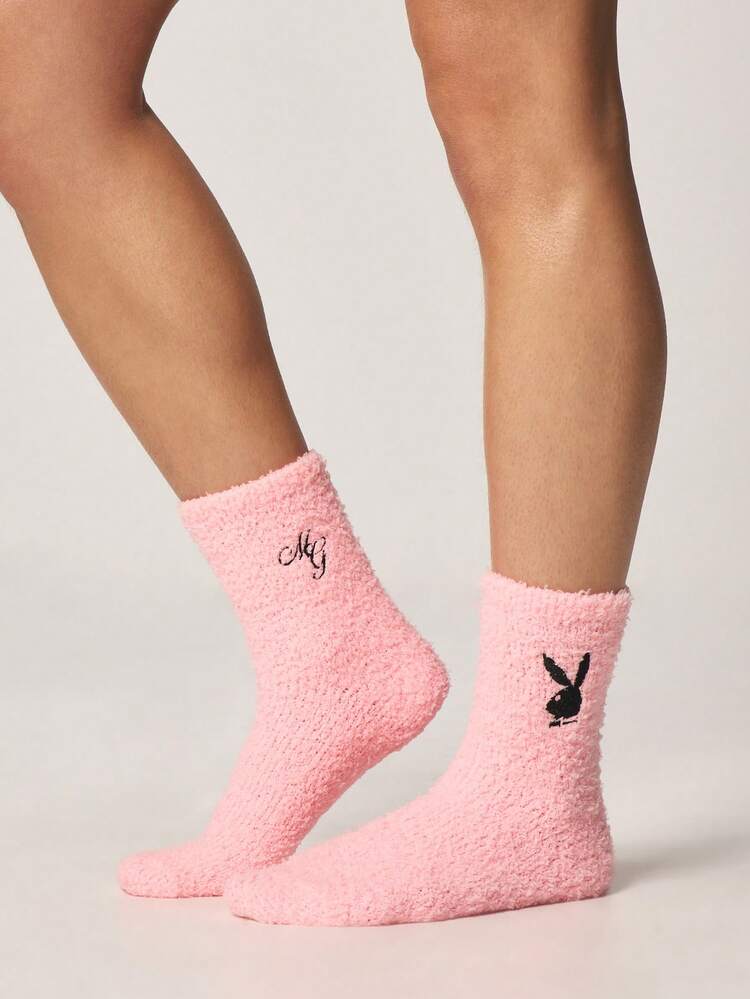 Missguided x Playboy Fuzzy Crew Socks With Bunny Logo Embroidered Design Cozy Winter Lounge Socks For Women