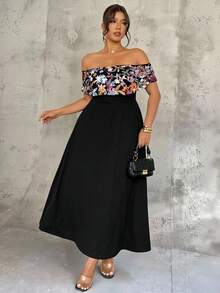 Auralis 新款夏季露肩网纱拼接提花大码女式优雅通勤沙滩度假荷叶边连衣裙 - 黑色 - 查看 7