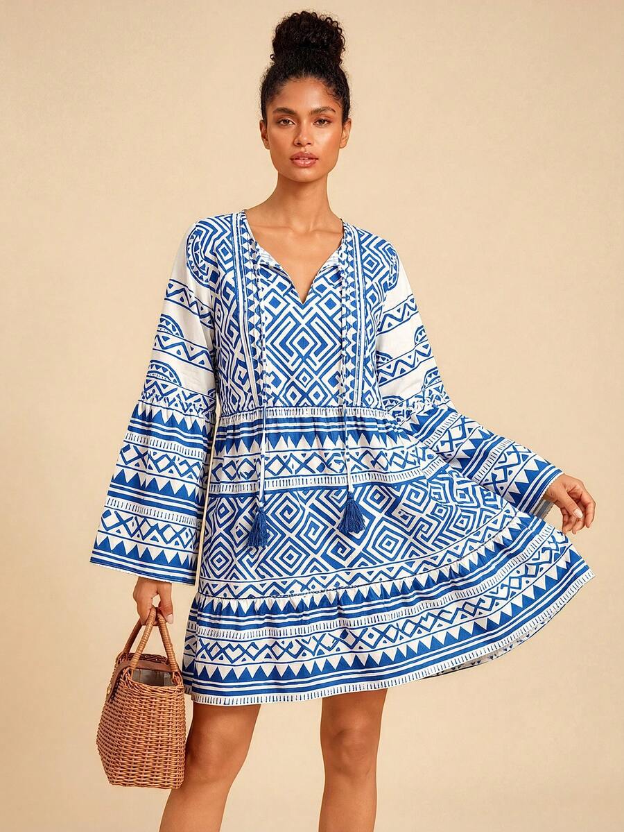 Travachic Women Boho Folk Custom Blue And White Smock Short Dress With Ruffle Hem And Flare Long Sleeves - Blue and White - View 1