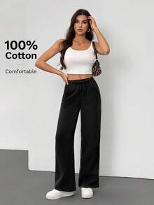 SHEIN Tall Quần ống rộng chất liệu 100% cotton, kiểu dáng thoải mái, đa năng, có túi, phù hợp cho mùa thu/đông và xuân/hè. - màu đen - Xem 7
