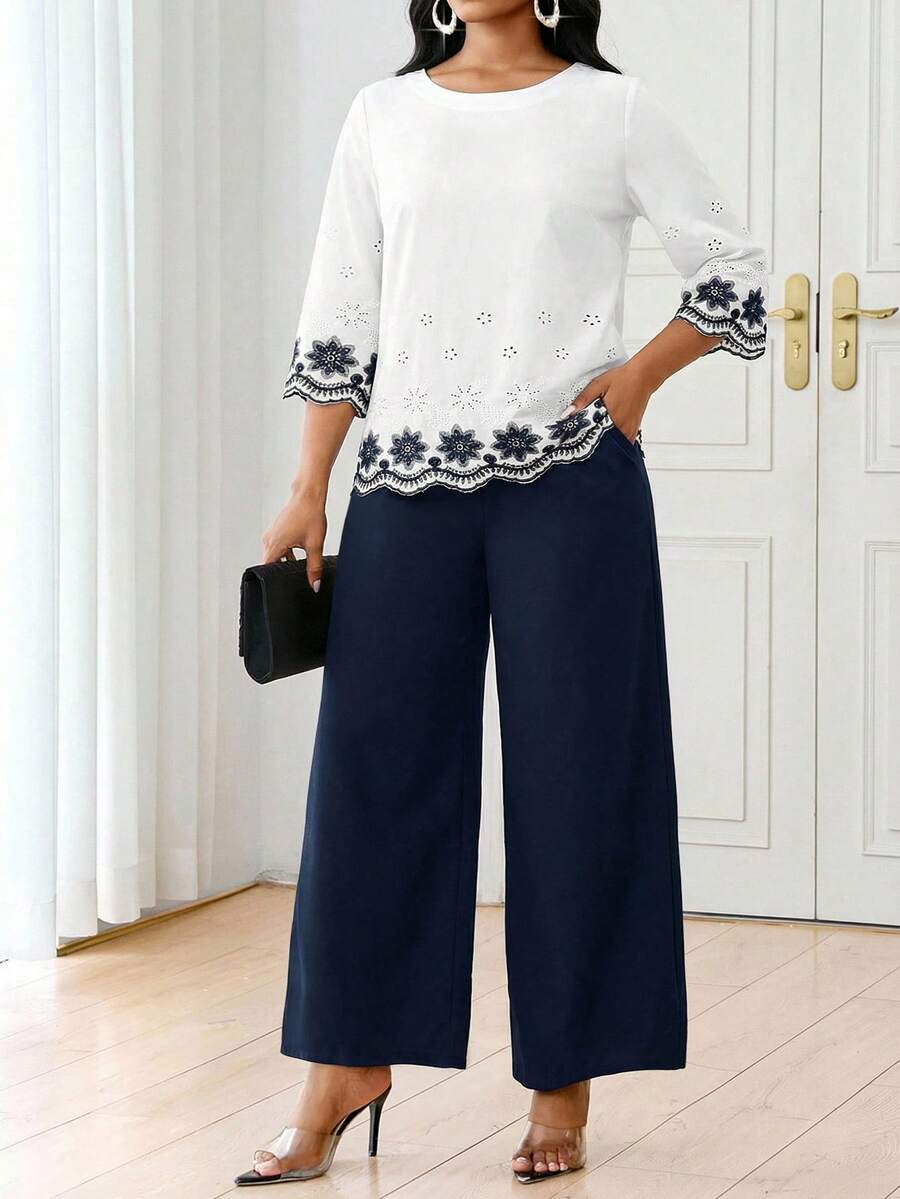 SHEIN Lady 女士优雅花卉刺绣上衣和裤子两件套，秋季 - 藍白色 - 查看 1