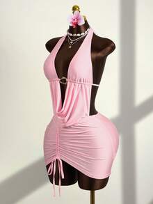 Zestiva Women's Summer Beach Sleeveless Backless Draped Neck Tie Waist Ruched Hem Vacation Party Sexy Cover Up Dress - Pink - View 6