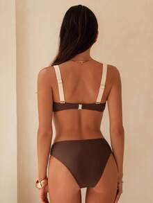 SHEIN Swim Chicsea Bộ bikini tam giác 2 mảnh dành cho nữ, phối màu tương phản, cúp ngực hình vỏ sò, dây đeo dày, khóa cài phía sau có thể điều chỉnh. - Nhiều màu - Xem 2