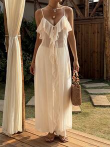 Livesso Spring & Summer Mid-Length Cardigan, White Spaghetti Strap Dress, Casual Vacation Beach Chiffon Blouse With Ruffle Hem, Elegant Office Wear Sleeveless Tank Top For Women - White - View 5