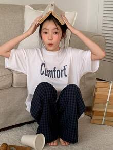 DAZY Tween Girls Crew Neck Printed Short Sleeve T-Shirt & Plaid Sweatpants Homewear Set, Autumn - Navy Blue - View 6