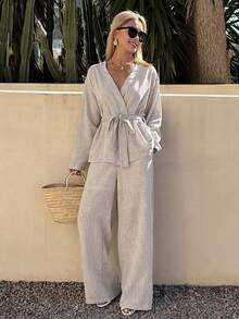 DAZY 女士春秋季休闲度假通勤纯色交叉领系带衬衫和裤子两件套 - 卡其色 - 查看 10