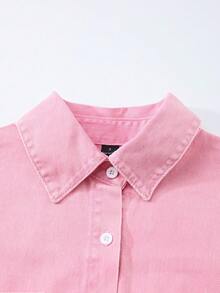 GlowEve Bộ áo và quần short denim nữ màu trơn, dáng rộng, vai rớt, phối nhiều túi, thích hợp mặc hàng ngày đi làm, mùa hè. - Màu xanh lam - Xem 3