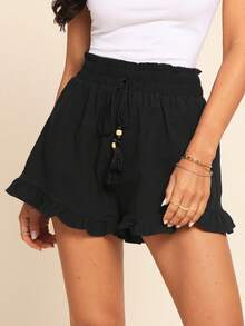Coeurva Tassel Tie Paperbag Waist Ruffle Hem Shorts - Black - View 1