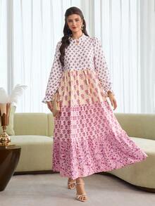 Al Najma 优雅碎花花瓣袖连衣裙，立领设计，度假风 - 彩色 - 查看 2