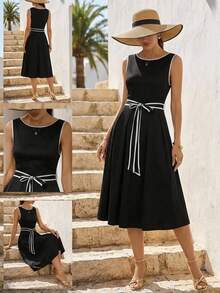 Editum 女士圆领蝴蝶结撞色修身A字针织无袖中长连衣裙，优雅百搭，适合日常穿着和通勤，秋冬季款 - 黑與白 - 查看 8