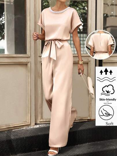 Editum Women's New Elegant Waist-Cinching Slim Beaded Solid Color Satin Jumpsuit, Suitable For Daily Wear, Weddings, Parties And Multiple Occasions Gift For Mom Festival Outfit Beach Date Night Comfortable Two Piece Set Pant Suit Summer Sets Summer Pants Sets For Women