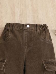 Pantalones vaqueros cargo de pierna ancha y bolsillo amplio para niñas jóvenes - Café integral - Ver 3