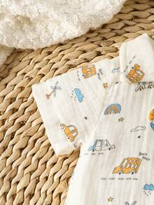 SHEIN Newborn Summer Cotton Outfit,Vehicle & Weather Print Collared Short Sleeve Shirt + Shorts Set Boy Baby Clothes - White - View 9
