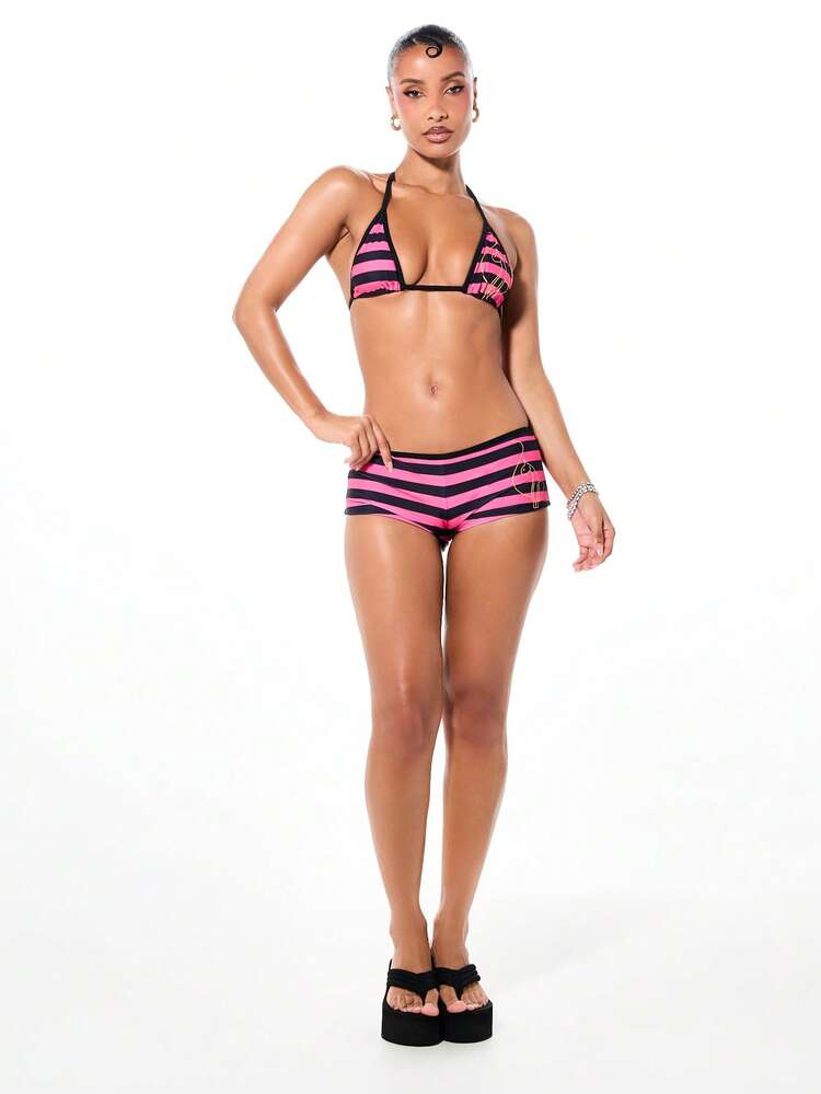 BABYPHAT Striped Cheeky Bikini Bottom Booty Shorts With Mid Rise Waist Summer Beach Swimwear Pink Black Gold Text Print