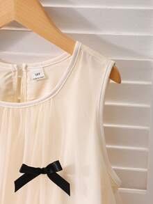 SHEIN Girls' Elegant Ruffled Pearl Decor Mesh Dress - Apricot - View 4