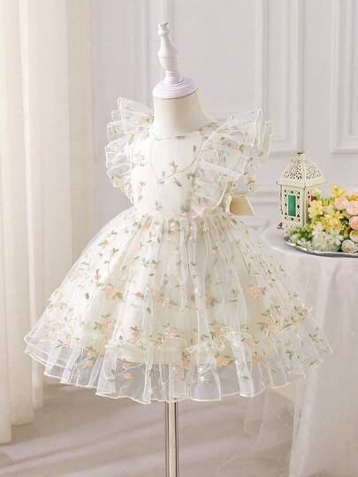 SHEIN Glamorique Kids Embroidered Princess Dress, Cap Sleeve Waist Fitted Formal Dress For Toddlers, All Seasons