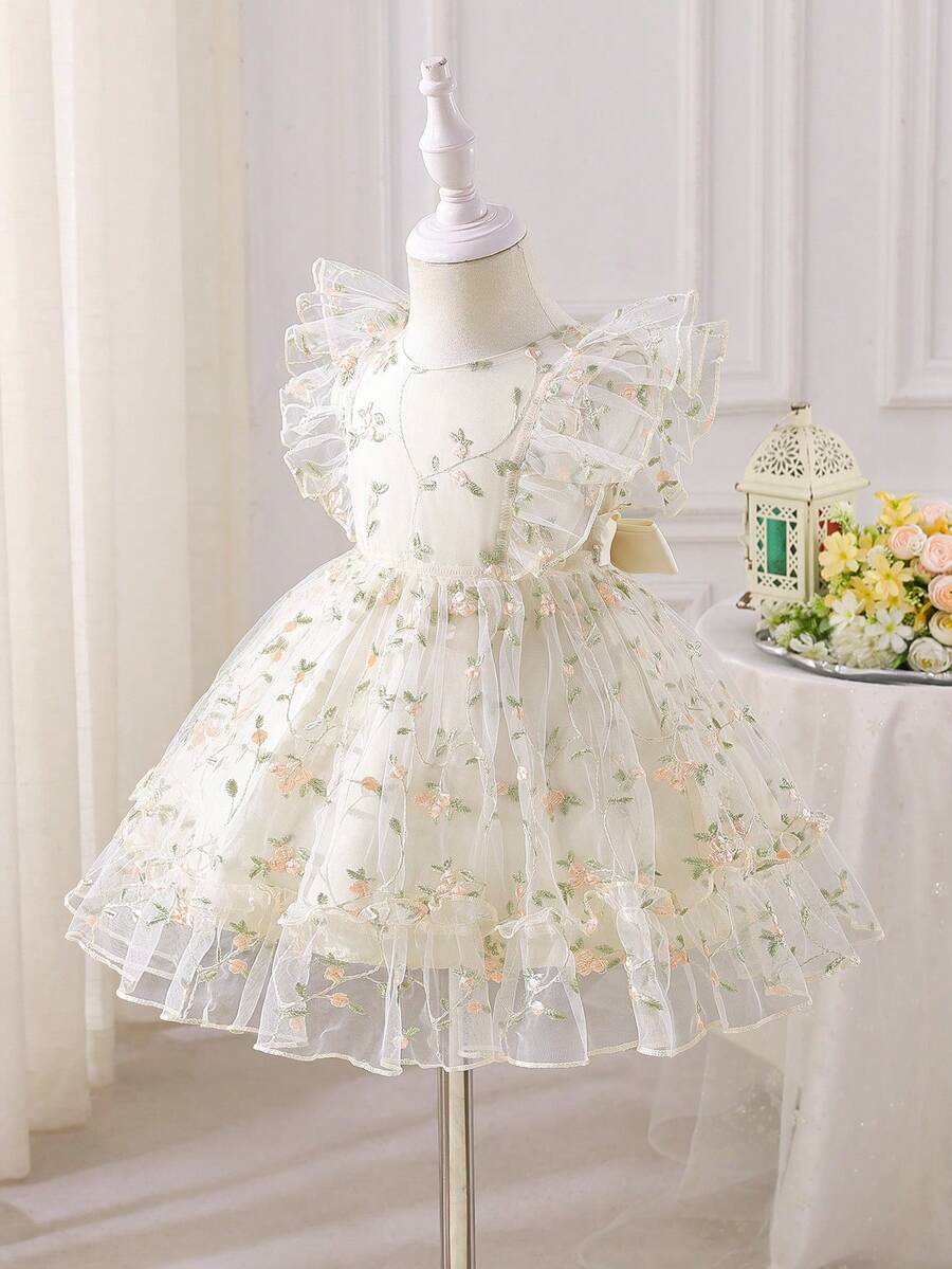 SHEIN Glamorique Kids 刺绣公主裙，短袖收腰正式连衣裙，适合幼儿，四季皆宜 - 藍色 - 查看 1