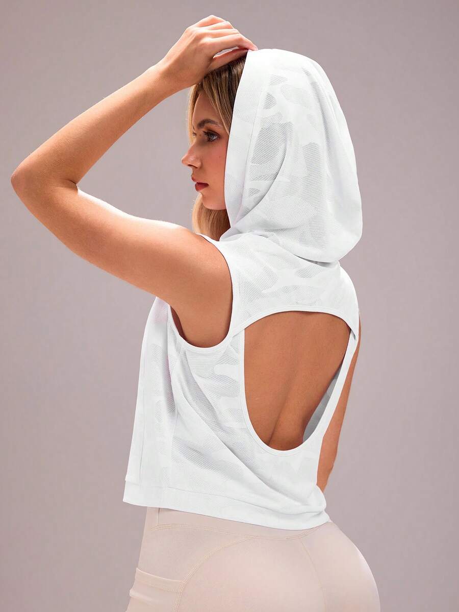Dewbera Áo nỉ không tay có mũ dành cho nữ, thích hợp cho yoga, hoạt động ngoài trời, tập gym, thiết kế hở lưng với họa tiết hoa jacquard. - trắng - Xem 1