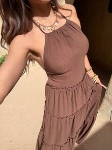 SHEIN Unity Women's Brown Collar Pleated Halter Backless Ruffle Hem Sexy Romantic Dress, Suitable For Dates, Vacations, European And American Style - Brown - View 1