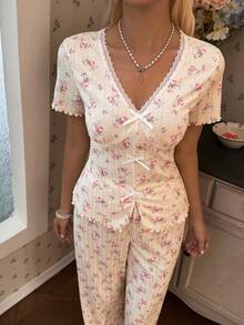 CottageSlumber Romantic Floral V-Neck Lace Trim Bow Decor Short Sleeve Pajama Set - Apricot - View 3