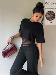 Siren Gaze Áo thun ngắn tay nữ thiết kế 2 trong 1 phối ren, kiểu dáng Y2K, thích hợp mặc mùa hè. - màu đen - Xem 6