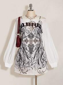 SHEIN ICON Vestido mini de malla transparente con estampado retro punk Y2K, abertura ancha y abierta, talla grande, otoño - Blanco y Negro - Ver 1
