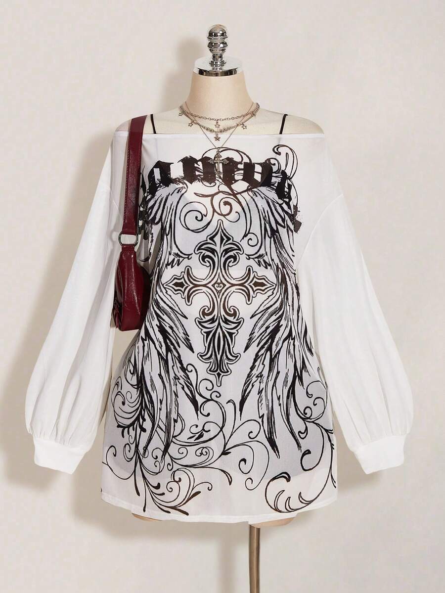 SHEIN ICON Vestido mini de malla transparente con estampado retro punk Y2K, abertura ancha y abierta, talla grande, otoño - Blanco y Negro - Ver 1