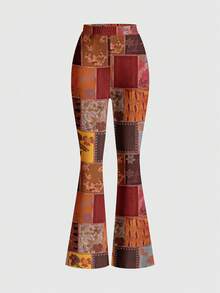 ROMWE Fairycore Pantalones acampanados de cintura elástica con estampado falso de sol, luna, estrella y floral en estilo hippie, gótico y vintage, hecho a mano con tela de patchwork, para mujeres de estilo hippie gótico - Rojo - Ver 1