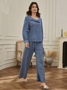 Dazy-Less 女士春秋季休闲度假风露肩长袖上衣搭配抽绳阔腿裤两件套，商务休闲女装 - 藍色 - 查看 4