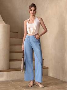 Selenza Women's Asymmetric Waist Pocket Wide Leg Loose Denim Pants - Blue - View 5