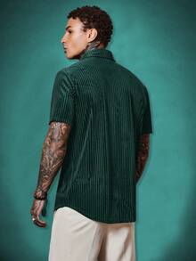 EASEVO Plus Size Men's Casual Vertical Striped Short Sleeve Shirt, Summer - Green - View 4