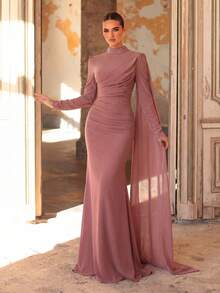 Aureia 优雅浪漫的莲花粉色弹力面料水钻装饰长袖褶皱鱼尾拖尾正式礼服，适合婚礼宾客、节日、生日派对、婚礼仪式、正式晚宴等场合。 - 粉色 - 查看 6