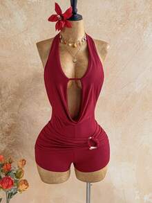 Soleia 新款休闲度假西部海滩婚礼宾客礼服毕业早午餐女装，适合圣帕特里克节、春假、复活节、音乐节等场合，优雅波西米亚热带风情露背金属串珠纹理连体裤 - 酒紅色 - 查看 4