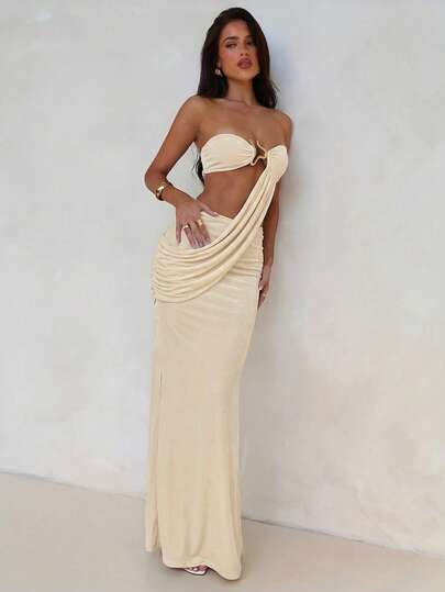 Aloruh Women's Solid Color Metal Decor Ruched Sexy Party Dress