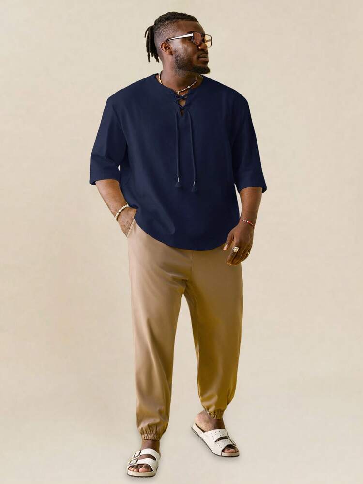 EASEVO Plus Size Men Casual Loose Woven Short Sleeve Half Open