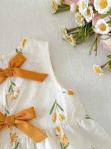 女宝宝可爱度假风花卉图案蝴蝶结装饰吊带背心和松紧腰裤套装 - 黃色 - 查看 6