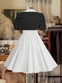 Sweetra Plus Size Spring/Summer Polka Dot Patchwork Solid Color Mini Dress - White - View 2