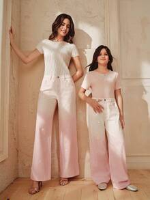 Anewsta Jeans rectos con efecto ombré rosa brillante y diamantes para niñas, primavera/verano - Rosa - Ver 6