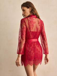 Charlaine 女士蕾丝纯色睡衣套装 - 酒紅色 - 查看 2