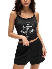 Rest Era Standard Size Women Gothic Style Lace Patchwork Cross Print Camisole And Shorts Pajama Set - Black - View 7