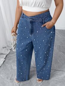 Elenzga Plus Size Women Casual Fashion Street Chic Daily Commute Faux Pearl Decor Overlap Waist Loose Wide Leg Jeans - Medium Wash - View 4